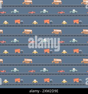 Kids seamless pattern with car, bus and road. Perfect for fabric , digital paper, cards. Stock Vector