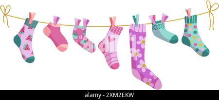 Clothesline socks. Socks on a rope, Baby socks with patterns vector cartoon. Stock Vector