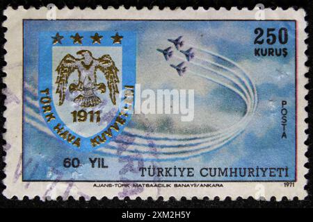 ISTANBUL, TURKEY - DECEMBER 25, 2020: Turkish stamp shows Turkish Air Force circa 1971 Stock Photo