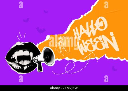 Halftone banner, retro Halloween pop collage with vampire teeth. Vector illustration. Stock Vector