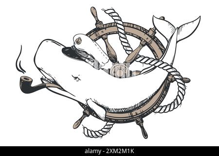 White sperm whale in a capitan cap and with a smoking pipe in his mouth. Creative illustration of a whale on the background of the steering wheel. Old Stock Vector