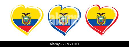 Set of creative hearts with the flag of Ecuador and clipping mask. Handdrawn style digital illustration. Isolated graphic design. Branding identity Stock Vector