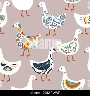 Cute abstract painted cartoon geese seamless pattern. Doodle patterned goose collection. Rustic, nursery, folk, or Scandinavian style. Vector Stock Vector