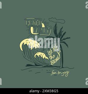 Retro Beach Party hand drawn beach illustration graphic design Stock Vector