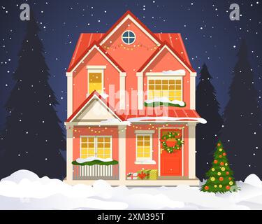 Cute building two floors house with windows and entrance view. All around snowdrifts, fir tree at yard, lanterns for xmas. Snowy weather in winter tow Stock Vector