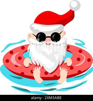 Santa Claus swimming on an inflatable ring in the blue sea. Vector illustration Stock Vector
