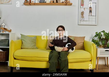 Boy enjoys TV day with popcorn on coach. Stock Photo