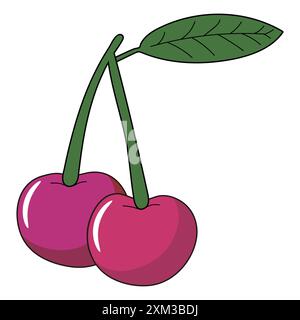 Cute illustration of purple and red cherry berries hanging on a stem with green leaves Stock Vector