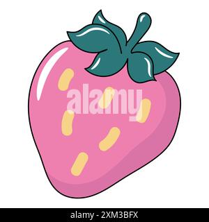 Illustration of cute pink strawberry with green leaves and yellow seeds Stock Vector