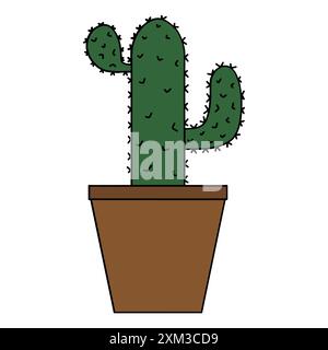 A pot with a green, long cactus with thorns in a brown pot Stock Vector