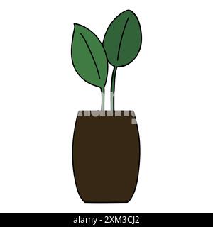Cute potted plant with two leafy leaf plants in a long pot in a reddish brown color Stock Vector