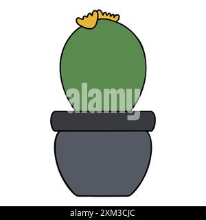 Cute potted cactus with no thorns and small yellow flowers in a simple gray round flower pot Stock Vector