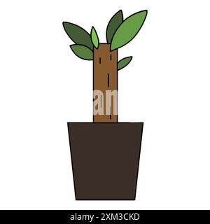 Beautiful potted plant with a bud-like tree trunk in a long pot in a copper color, illustration, vector, hand drawn, cute, plant, blossom, floral, flo Stock Vector