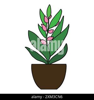 Beautiful flower pot with big green leaves and small pink flowers in brown pot Stock Vector