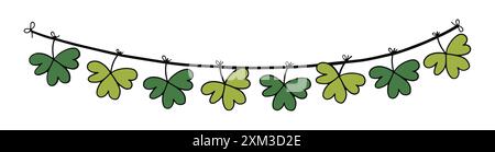 A garland of four-leaf clovers, a symbol of good luck, tied with thin strings and hanging cutely Stock Vector