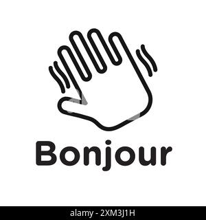 Bonjour text with hand wave icon Black line art vector in black and white outline set collection sign Stock Vector
