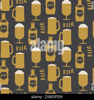 Beer bottle, glasses and the word Beer seamless vector pattern background. Hand-drawn alcoholic drinks bottles , frothy beer mugs and text backdrop Stock Vector