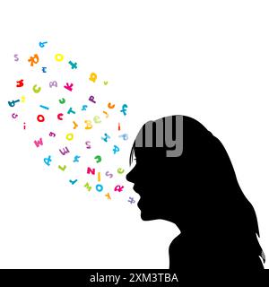 Conceptual illustration of a speech therapist with a woman profile and  letters coming out of her mouth Stock Vector