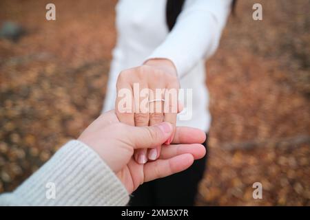 Couple holding hands with a engagement ring on the bride finger. POV shot of proposal scene is romantic and intimate Stock Photo
