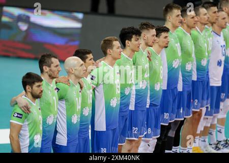 Team of Slovenia seen during Hubert Wagner Memorial 2024 volleyball match between Poland and Slovenia at Tauron Arena. Final score; Poland 3:1 (25:20, 26:28, 25:14, 26:24 Slovenia. Stock Photo