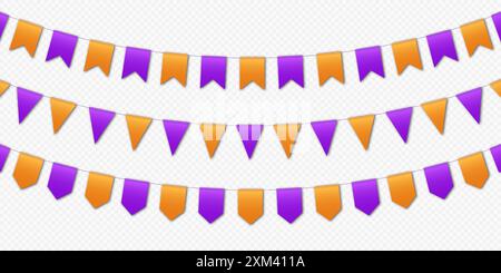 Halloween party flags, bunting flags garland, orange and purple pennants hanging on a rope. Stock Vector