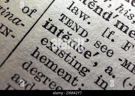 Word intense on dictionary page, macro close-up Stock Photo