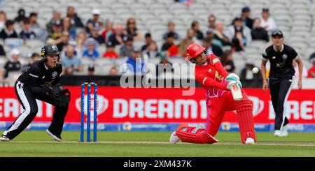 25th July 2024; Old Trafford Cricket Ground, Manchester, England; The Hundred Womens Cricket, Manchester Originals versus Welsh Fire; Sophia Dunkley of Welsh Fire launches one down the ground Stock Photo