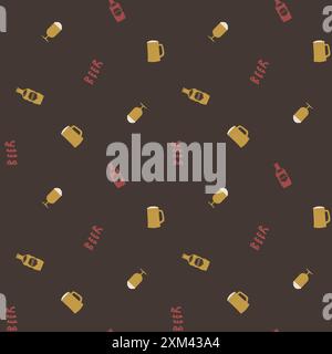 Beer bottles and glasses seamless vector pattern background. Hand-drawn alcoholic drinks bottles , frothy beer mugs backdrop. Retro brown, amber, red Stock Vector