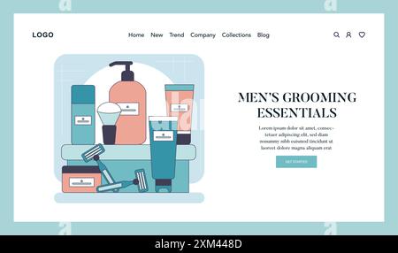 Men's grooming essentials web banner illustration featuring skincare products and tools for daily hygiene routine. Vector illustration. Stock Vector