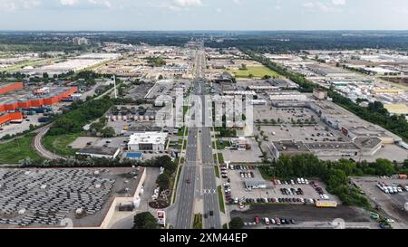 An aerial view of an industrial area with a main road running through the center on a sunny day in Waterloo, Ontario, Canada Stock Photo