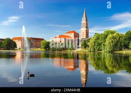 City of Kiel - City Hall Tower with Opera House at Kleinen Kiel with Hiroshimapark Stock Photo