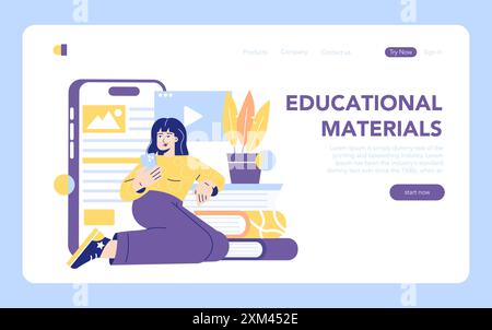 Online Education concept. A woman uses a smartphone for learning beside a stack of books and plant. E-learning platform interface. Vector illustration. Stock Vector