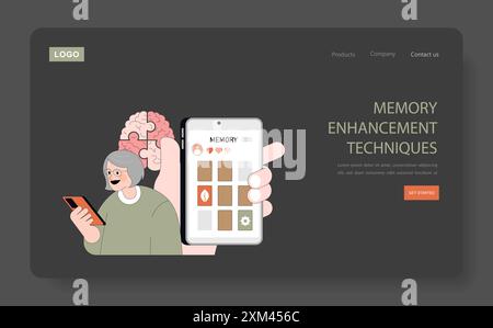 Positive Aging concept. Elderly woman using memory game app for cognitive stimulation. Engaging modern technology for brain health. Vector illustration. Stock Vector