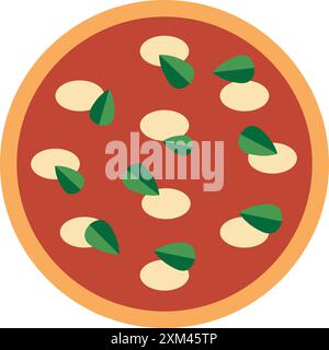 Pizza margherita drawing in flat style, round pizza with tomato sauce, mozzarella cheese and basil leaves in top view Stock Vector