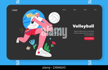 Summer Sports Activities concept. Dynamic female volleyball player spikes the ball on a website interface. Active lifestyle and team sports promotion. Vector illustration. Stock Vector