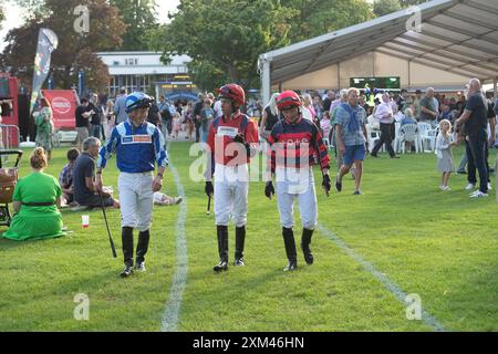 Windsor, Berkshire, UK. 22nd July, 2024. Jockeys Tom Marquand, Sean Levey and William Carson (L-R) before racing in the Fitzdares Sprint Series Handicap Stakes (Class 4) (Windsor Sprint Series Qualifier) at Royal Windsor Racecourse in Windsor, Berkshire. Credit: Maureen McLean/Alamy Stock Photo