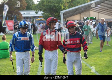 Windsor, Berkshire, UK. 22nd July, 2024. Jockeys Tom Marquand, Sean Levey and William Carson (L-R) before racing in the Fitzdares Sprint Series Handicap Stakes (Class 4) (Windsor Sprint Series Qualifier) at Royal Windsor Racecourse in Windsor, Berkshire. Credit: Maureen McLean/Alamy Stock Photo