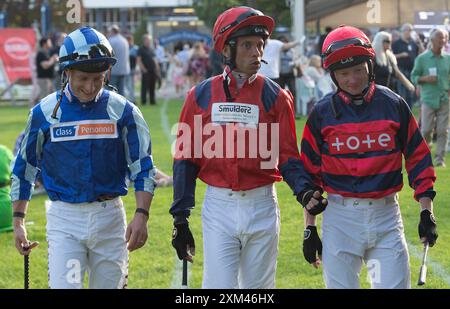 Windsor, Berkshire, UK. 22nd July, 2024. Jockeys Tom Marquand, Sean Levey and William Carson (L-R) before racing in the Fitzdares Sprint Series Handicap Stakes (Class 4) (Windsor Sprint Series Qualifier) at Royal Windsor Racecourse in Windsor, Berkshire. Credit: Maureen McLean/Alamy Stock Photo