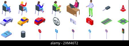 Driving school lessons icons set. Driving school elements set with students learning road rules and instructor explaining traffic laws Stock Vector