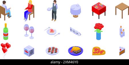 Restaurant table served romantic dating icons set. Romantic dinner date in restaurant with couple enjoying wine and heart shaped food Stock Vector