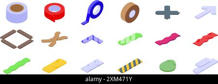 Duct tape icons set. Set of colorful adhesive tape rolls for fixing and gluing different objects, isometric icons Stock Vector