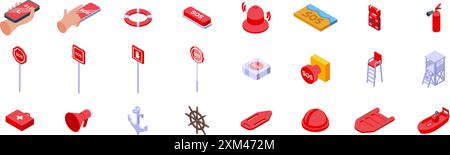 Sos sign icons set. Lifeguard isometric icons set featuring various rescue equipment and emergency signals for water safety Stock Vector