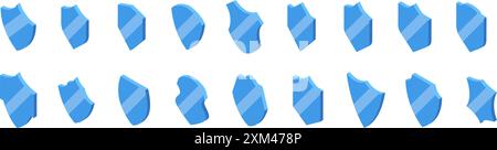Glass protect shield icons set. Set of blue shield icons is presented, each rotated to offer a unique perspective on the concept of security Stock Vector