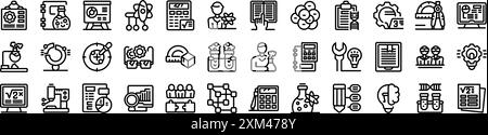 Stem education icons set. Scientists are developing new ideas, conducting experiments, and working on innovative projects in the laboratory Stock Vector