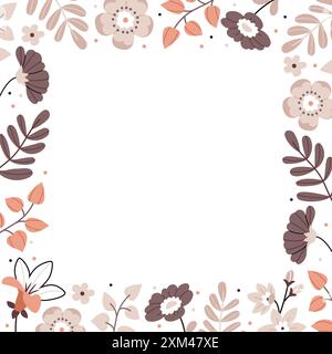 Square floral frame. Cute cartoon Bohemian scandinavian nursery posters in beige and gray colors. Boho vector print Stock Vector