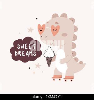 Dinosaur with ice cream on rollers. Text Sweet dreams. Cute cartoon Bohemian nursery posters in beige gray colors. Boho vector print Stock Vector