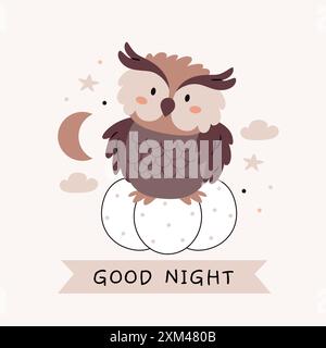 An owl is sitting on a pumpkin. Good night text. Cute cartoon Bohemian scandinavian nursery posters in beige and gray colors. Boho vector print Stock Vector