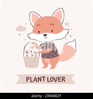 The fox is watering the flowers. Text. Plant Lover. Cute cartoon Bohemian scandinavian nursery posters in beige and gray colors. Boho vector print Stock Vector