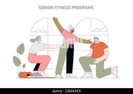 Positive aging concept. Elderly people engaging in fitness activities together, promoting active lifestyle. Healthy seniors exercising. Vector illustration. Stock Vector