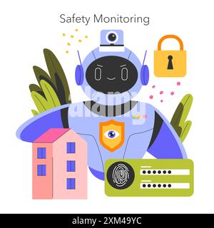 Robot Assistant concept. A friendly automaton ensuring home safety, with security cameras, fingerprint ID, and trusted lock systems. Vector illustration. Stock Vector